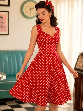 Rockabilly Pinup Polka Dot Swing Dress Retro Sweetheart Midi US S